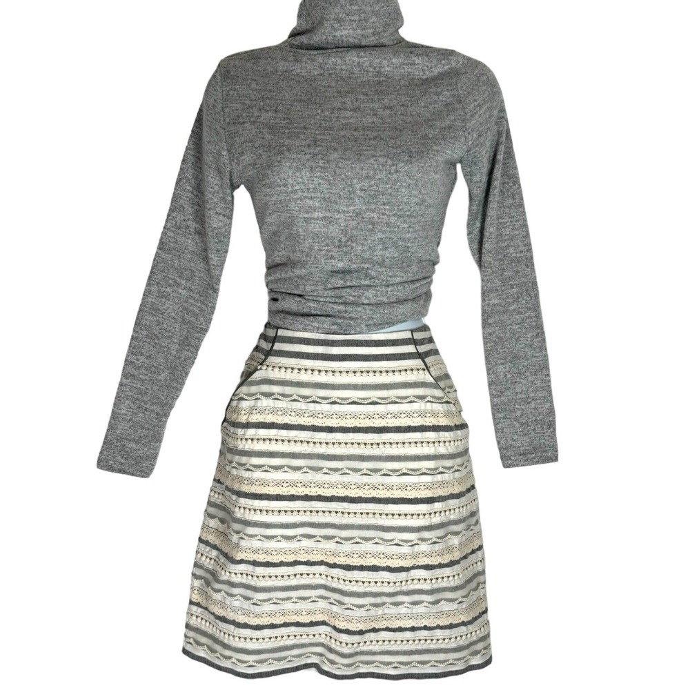 Anthropologie Tabitha High Rise Striped Pencil Skirt 2 Lace Crochet Linen Cotton